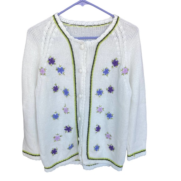 Grandma Knit Cardigan Sweater Womens Large Cream Embroidered Floral - Picture 1 of 8